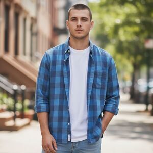 American Eagle Flannel Shirt Mens Small Blue Gray Button Up Plaid Preppy Casual